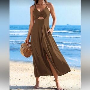 Brown Maxi Dress with Front Slit